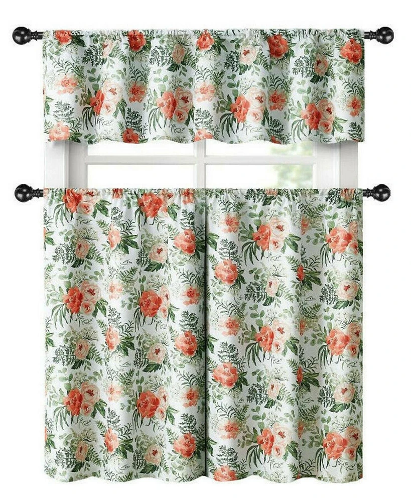 Kate Aurora English Floral Rose Garden Complete 3 Pc Cafe Kitchen Curtain Tier & Valance Set