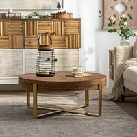 31.29"Modern Retro Splicing Round Coffee Table, Fir Wood Table Top With Gold Cross Legs Base