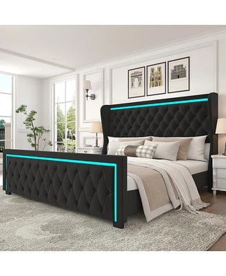 Simplie Fun Velvet Upholstered King Bed with Led Headboard