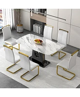 Simplie Fun Modern white marble table & 6 gold leg chairs