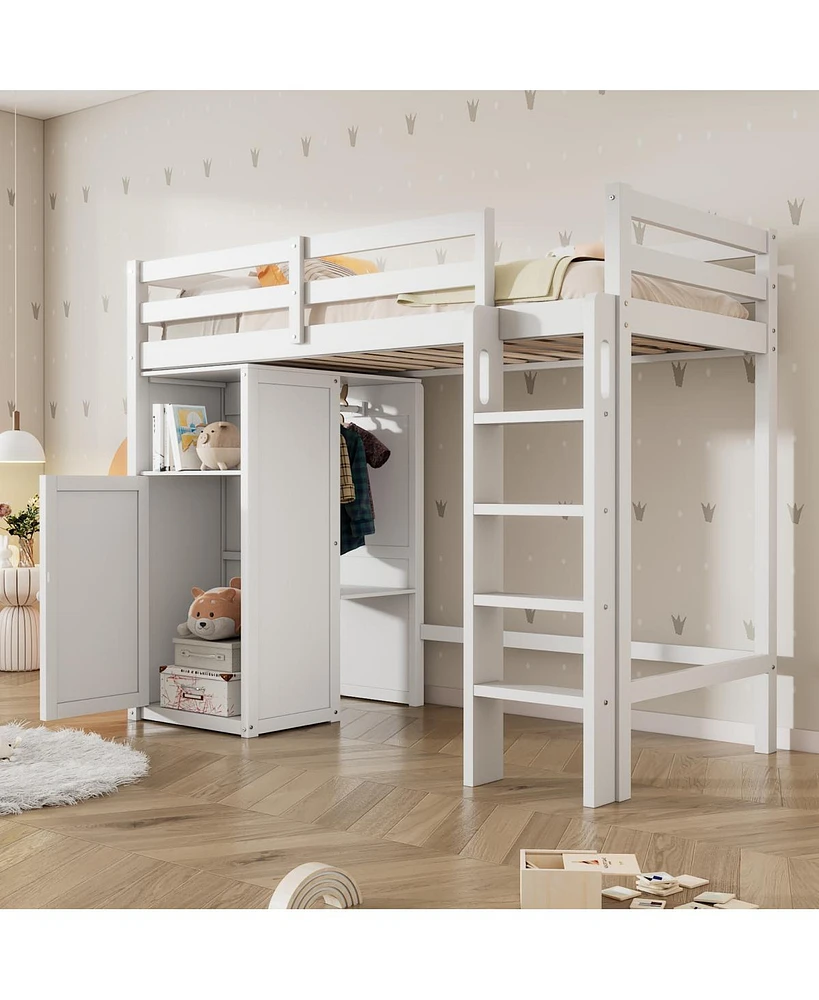 Simplie Fun Twin Loft Bed With Wardrobe, Storage Shelves And Ladder, White