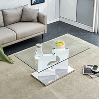 Rectangular modern coffee table with tempered glass top and white Mdf legs, perfect for living room