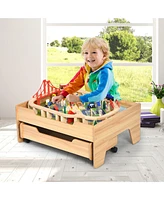 Sugift Children's Wooden Railway Set Table with 100 Pieces Storage Drawers