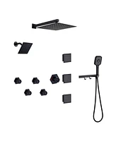 Mondawe 12" Wall Mounted Rainfall Luxury Dual Shower System Set with Handheld Spray, 6 Body Jets & Hanging Rack, Brushed Gold