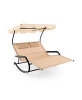 Slickblue Outdoor 2 Persons Rocking Chaise Lounge with Canopy and Wheels-Beige