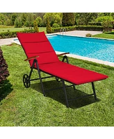 Slickblue Folding Patio Rattan Lounge Chair with Wheels-Red