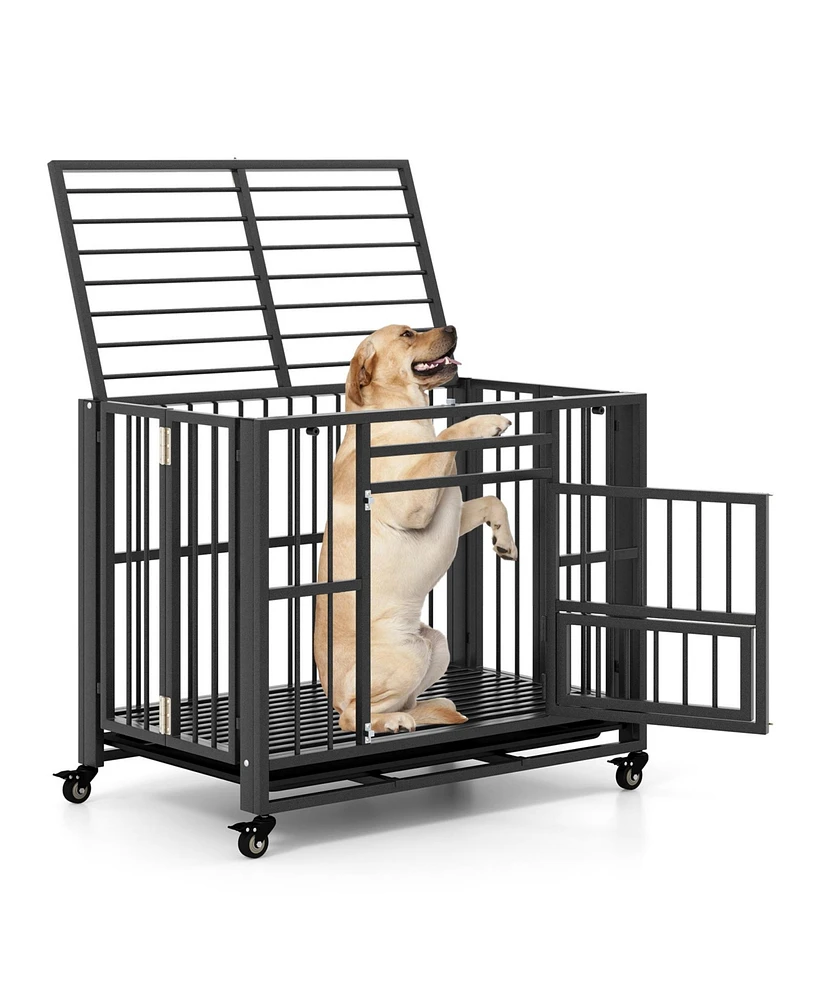 Slickblue Foldable Heavy-Duty Metal Dog Cage Chew-proof Dog Crate with Lockable Universal Wheels