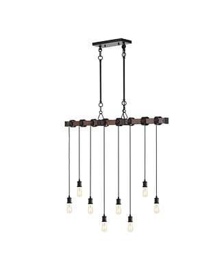 Jonathan Y Rhys 40" 8-Light Vintage Industrial Driftwood Iron Led Linear Chandelier with Height Adjustable Bulbs, Brown Wood Finish/Black