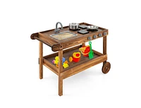 Slickblue Outdoor Movable Mud Kitchen with 2 Rolling Wheels and 1 Push Handle-Natural