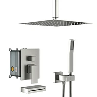 Streamdale Furniture 12" Rain Shower Head Systems With Waterfall Tub Spout, Brushed Nickel, Ceiling Mounted Shower