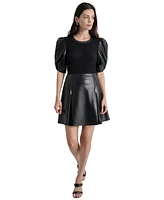 Dkny Women's Faux-Leather Puff-Sleeve Blouse