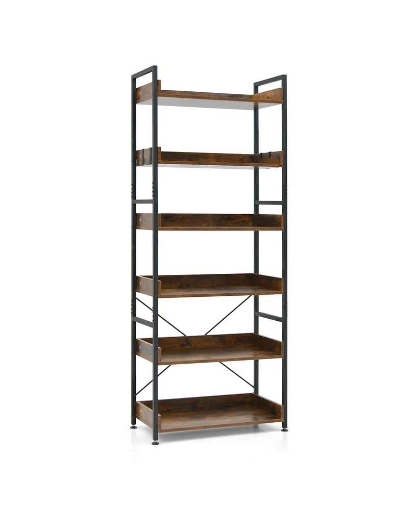 Slickblue 6-Tier Tall Industrial Bookcase with Open Shelves and 4 Hooks-Brown