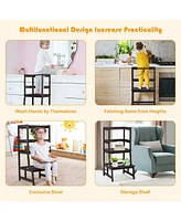 Costway Boys Kitchen Step Stool Wooden Stand Helper w/ Safety Rail