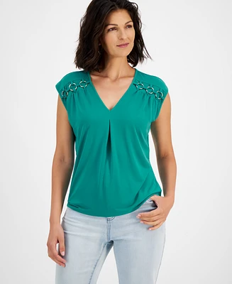 I.n.c. International Concepts Women's O-Ring-Sleeve Pleat-Front Blouse, Created for Macy's