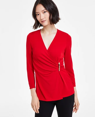 Anne Klein Petite V-Neck Faux-Wrap 3/4-Sleeve Top