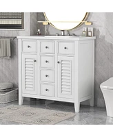 Streamdale Furniture 36" Bathroom Vanity With Ceramic Basin, Two Cabinets And Five Drawers, Solid Wood Frame, White