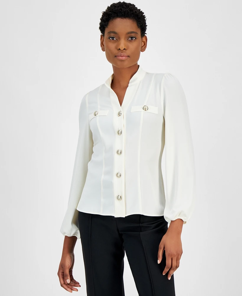 Anne Klein Petite High-Neck Blouson-Sleeve Blouse