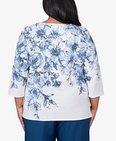 Alfred Dunner Plus Classic Floral Shimmer Three Quarter Sleeve Top