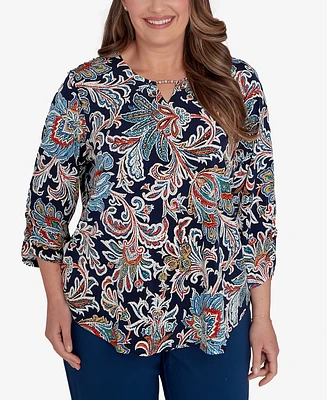 Alfred Dunner Plus Size Classic Scroll Three Quarter Ruched Sleeve Top