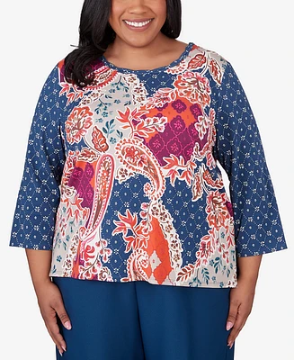 Alfred Dunner Plus Classic Paisley Patchwork Knotted Crew Neck Top