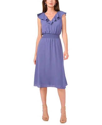 Vince Camuto Women's V-Neck Smocked Ruffled Midi Dress