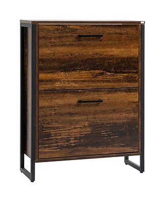 Homcom Rustic 2 Flip Door Shoe Cabinet with Divider and Open Shelf