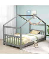Twin Size House Bed with Roof Wooden Low Floor Bed No Box Spring Needed