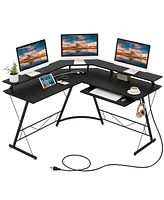 Costway L-shaped Computer Desk with Power Outlet 51" Corner Workstation Rustic