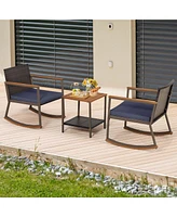 3 Pcs Patio Rattan Rocking Chair Bistro Set Armrest Cushion Table with Storage Shelf