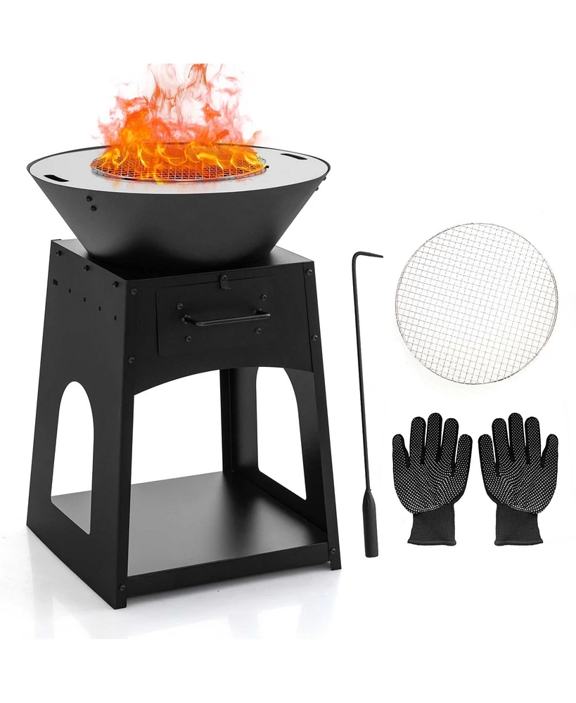 Costway 24" Heavy Duty Fire Pit with firewood rack Fire Poker Gloves Grilling Rack Outdoor