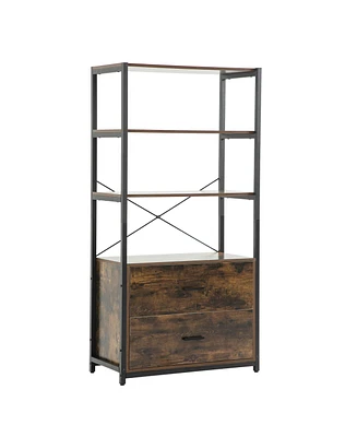 Simplie Fun 4 Tier Industrial Bookcase with File Drawers, Rustic Vintage Brown