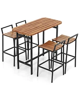 Costway 5 Pcs Acacia Wood Bar Table Set Outdoor Bar Height Table & Chairs