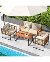 4 Pcs Acacia Wood Outdoor Sofa Set with Heavy Duty Metal Frame Soft Seat