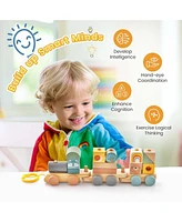 Kids Wooden Toy Train Set 3-Section with Stacking Blocks Baby Toddler Education