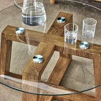 Circular glass and wood coffee tables, 31.5"x31.5"x17.7"