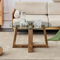 Circular glass and wood coffee tables, 31.5"x31.5"x17.7"