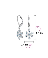 Delicate Holiday Party Christmas Snowflake Star Drop Lever back Earrings For Women For Teen Simulated Ice Blue Topaz .925 Sterling Silver