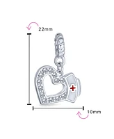 Bling Jewelry Caduceus Rn Nurse Hat Cap Heart Shape Graduate Crystal Cz Dangle Bead Charm White Enamel Sterling Silver Fits European Bracelet