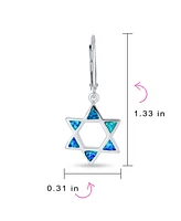 Bling Jewelry Created Blue Opal Religious Judaica Magen Hanukkah Star Of David Leverback Dangle Earrings For Women Bat Mitzvah Sterling Silver