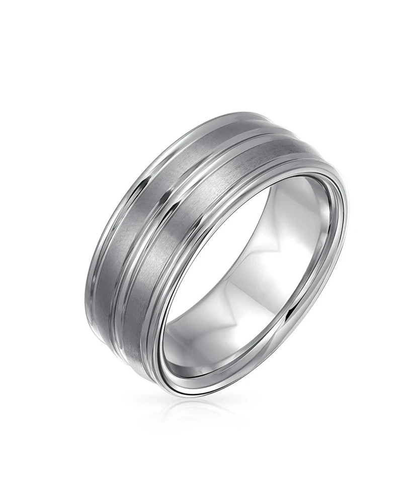 Bling Jewelry Wide Silver Tone Double Grooved Brushed Matte Titanium Wedding Band Ring For Men Comfort Fit 8MM