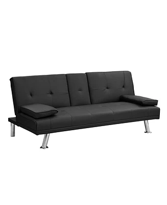 Simplie Fun Sofa Bed With Armrest Two Holders Wood Frame, Stainless Leg