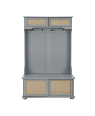 Simplie Fun Gray Hall Tree Bench with Rattan Shelves & Shoe Cabinets