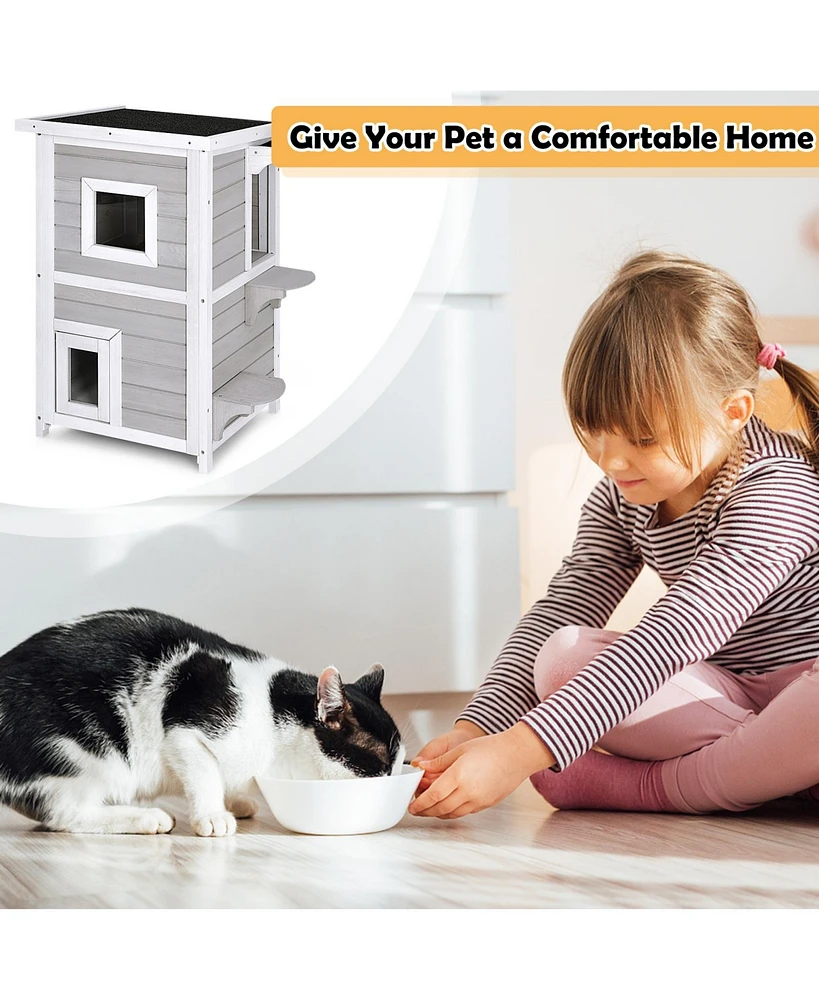 Slickblue 2-Story Wooden Cat House with Escape Door Rainproof