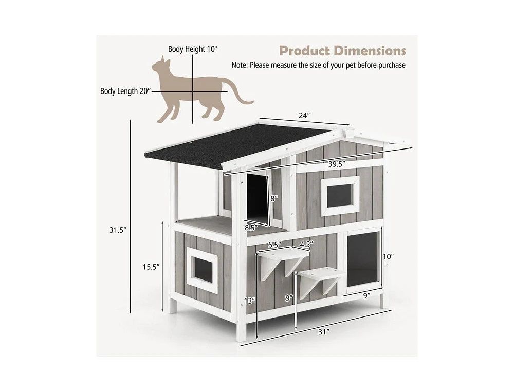 Slickblue Outdoor 2-Story Wooden Feral Cat House with Escape Door-Gray