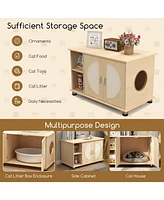 Slickblue Cat Litter Box Enclosure with Sisal Scratching Doors and Adjustable Metal Feet-Natural