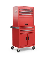 Slickblue 3-in-1 6-Drawer Rolling Tool Chest Storage Cabinet with Universal Wheels and Hooks-Red