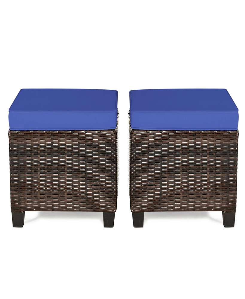 Gymax Set of 2 Patio Rattan Ottoman Footrest Garden Outdoor w/ Navy Cushion