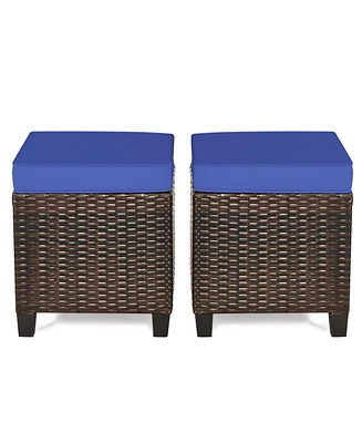 Gymax Set of 2 Patio Rattan Ottoman Footrest Garden Outdoor w/ Navy Cushion