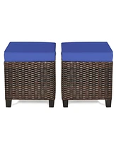 Gymax Set of 2 Patio Rattan Ottoman Footrest Garden Outdoor w/ Navy Cushion