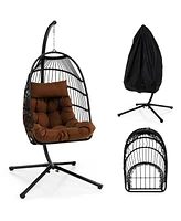 Gymax Swing Egg Chair Hanging Basket Chair w/Stand Waterproof Cover & Cushion Brown